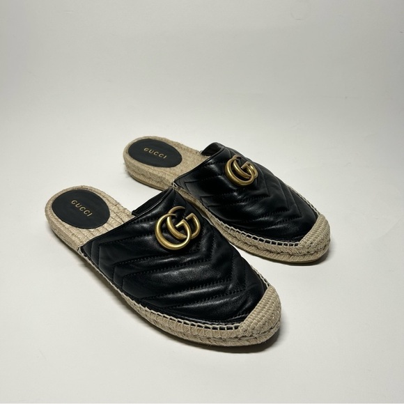 Gucci Nappa Matelasse GG Marmont Black Mules Espadrilles Size 37.5 - Picture 4 of 9